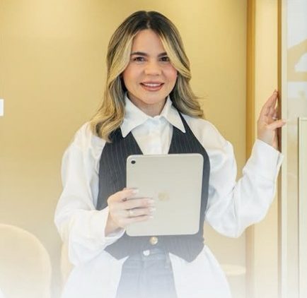 Dra. Moama de colete e camisa branca segurando um tablet